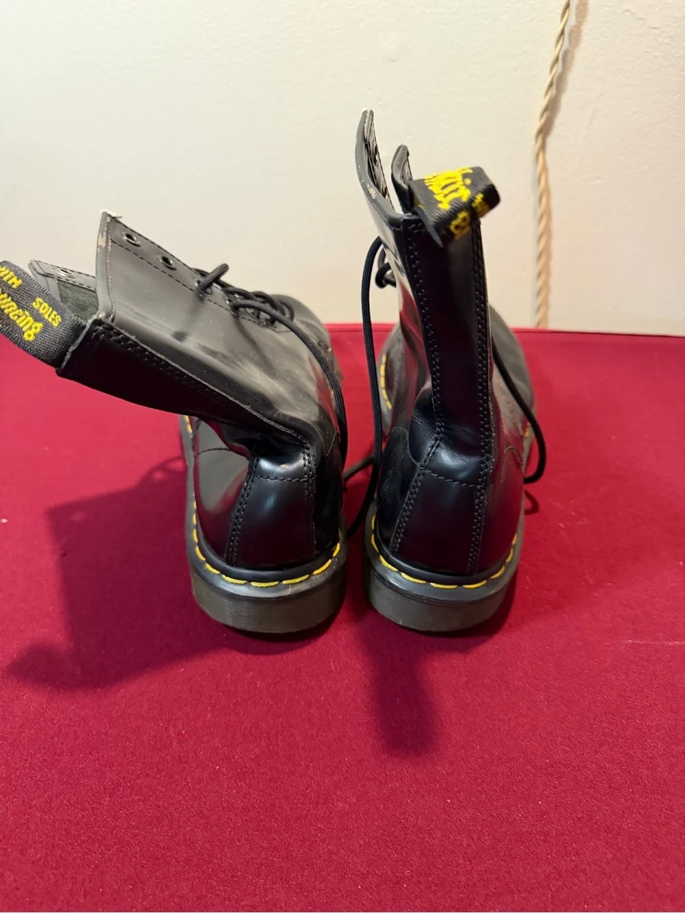 Dr. Martens Black Leather Lace-Up Boots with Yellow Stitching us 9